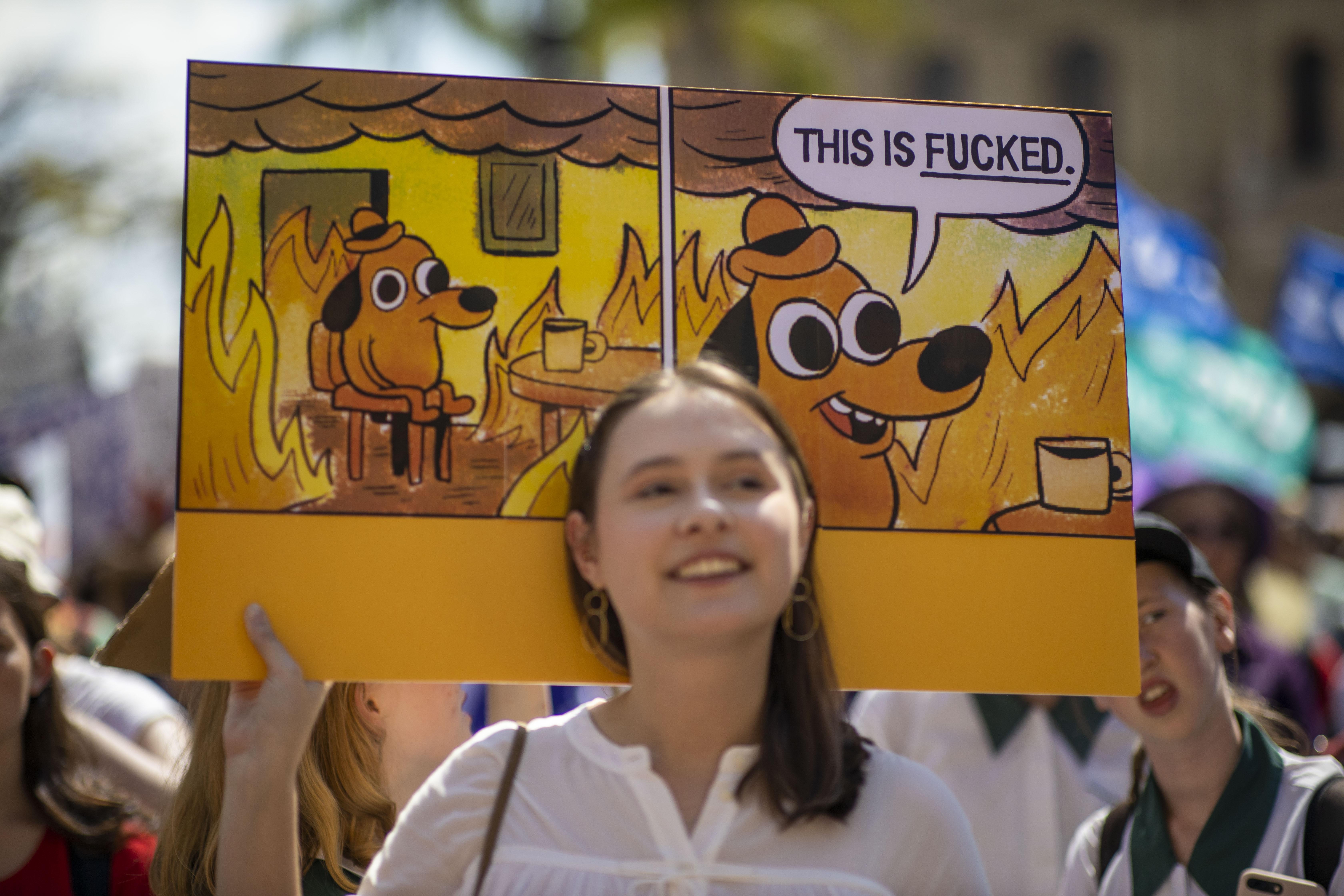 A girl holds a sign featuring the "This is fine"comic panel, featuring a dog sitting in a burning room. The caption has replaced "this is fine" with "this is fucked."