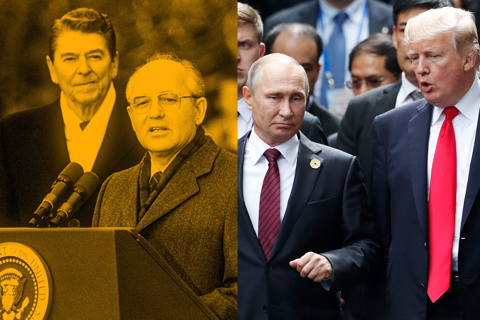 Side by side of President Ronald Reagan with Soviet leader Mikhail Gorbachev and President Donald Trump with Russia’s President Vladimir Putin.