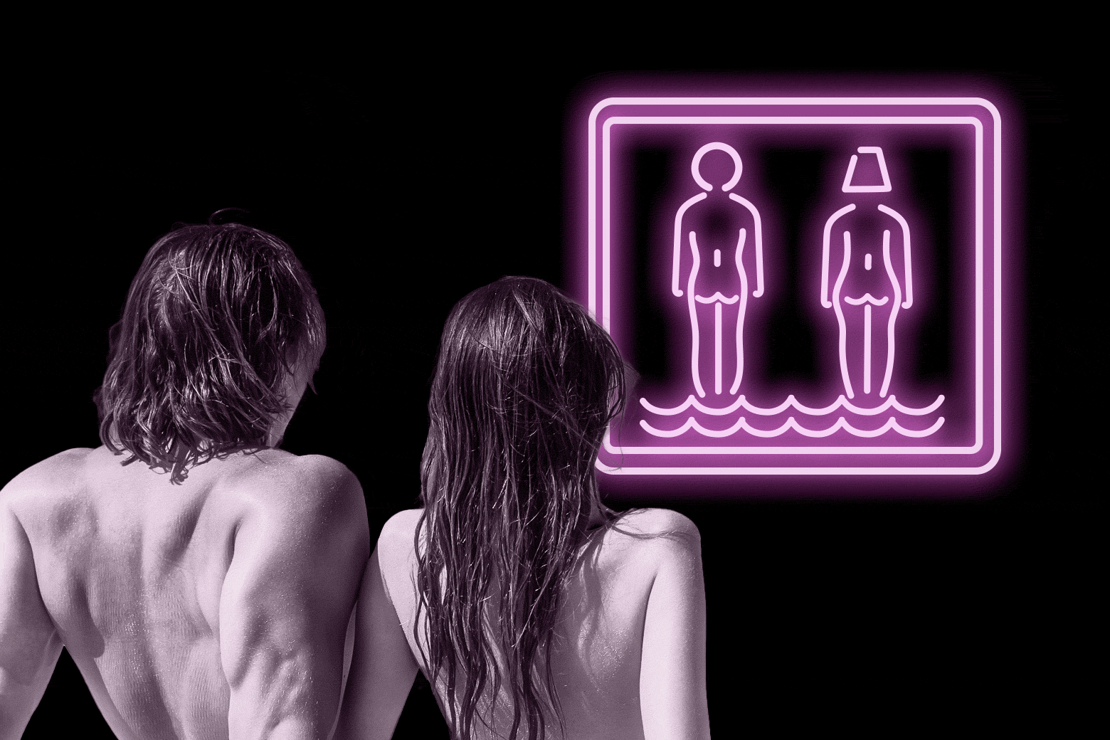 A straight couple looks at an illustrated sign for a nudist beach.