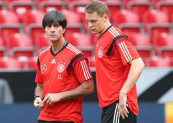 German head coach Joachim Löw, left, stands with goalkeeper Manuel Neuer at a public training session in Mainz, Germany, on June 5, 2014.