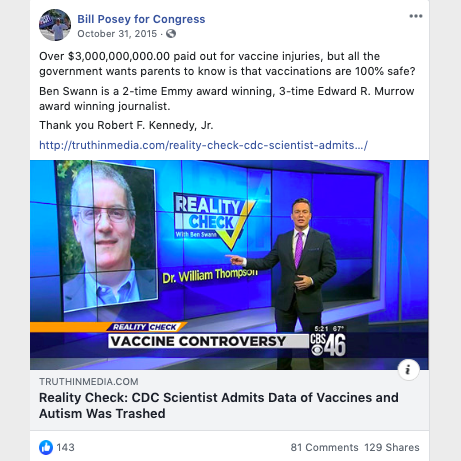 A post linking to a vaccine-autism conspiracy theory. 