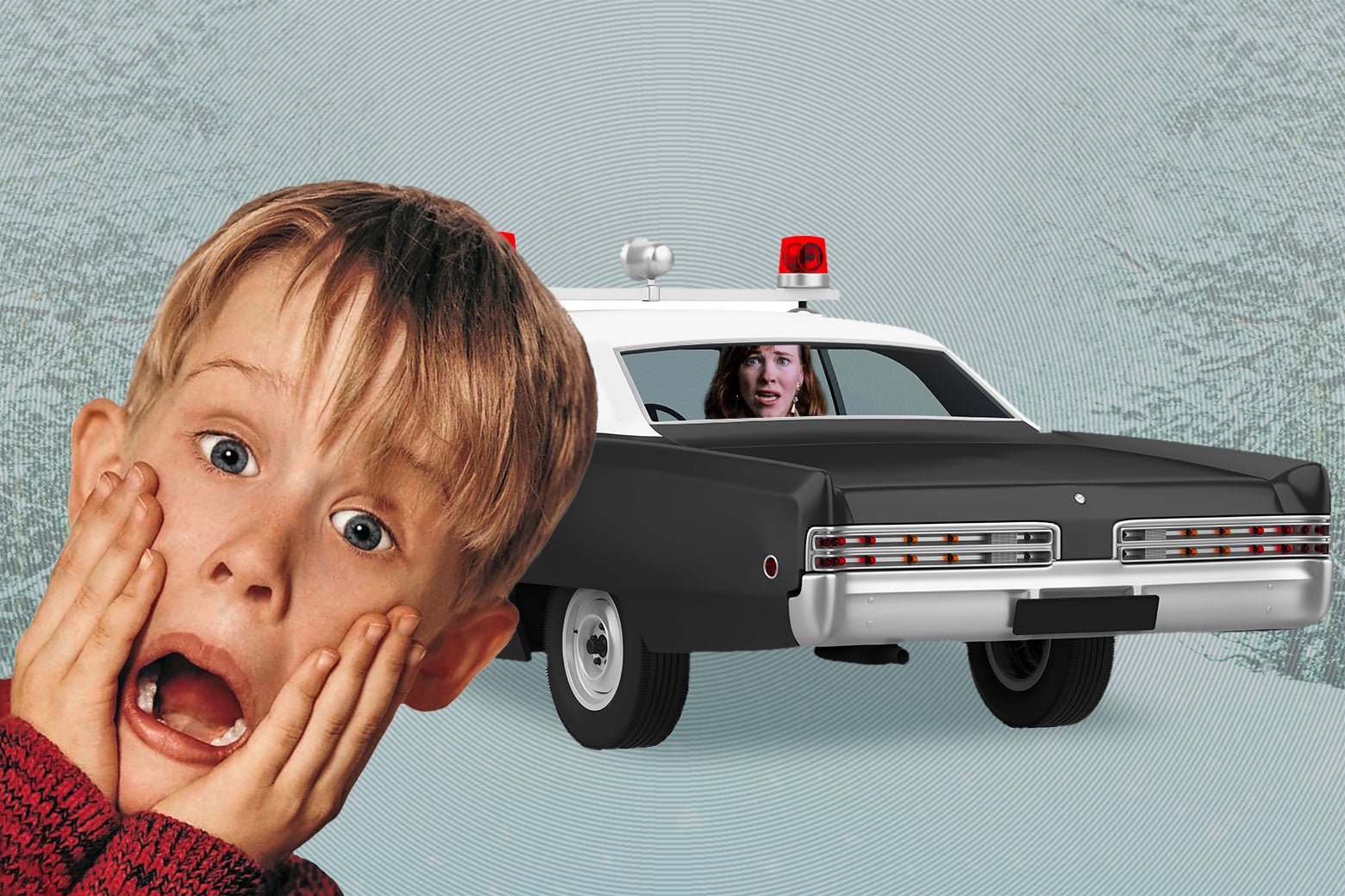 Macaulay Culkin in Home Alone with the classic hands-on-his-face movie poster pose to the side, with the mom, Kate McCallister, in a police car. 