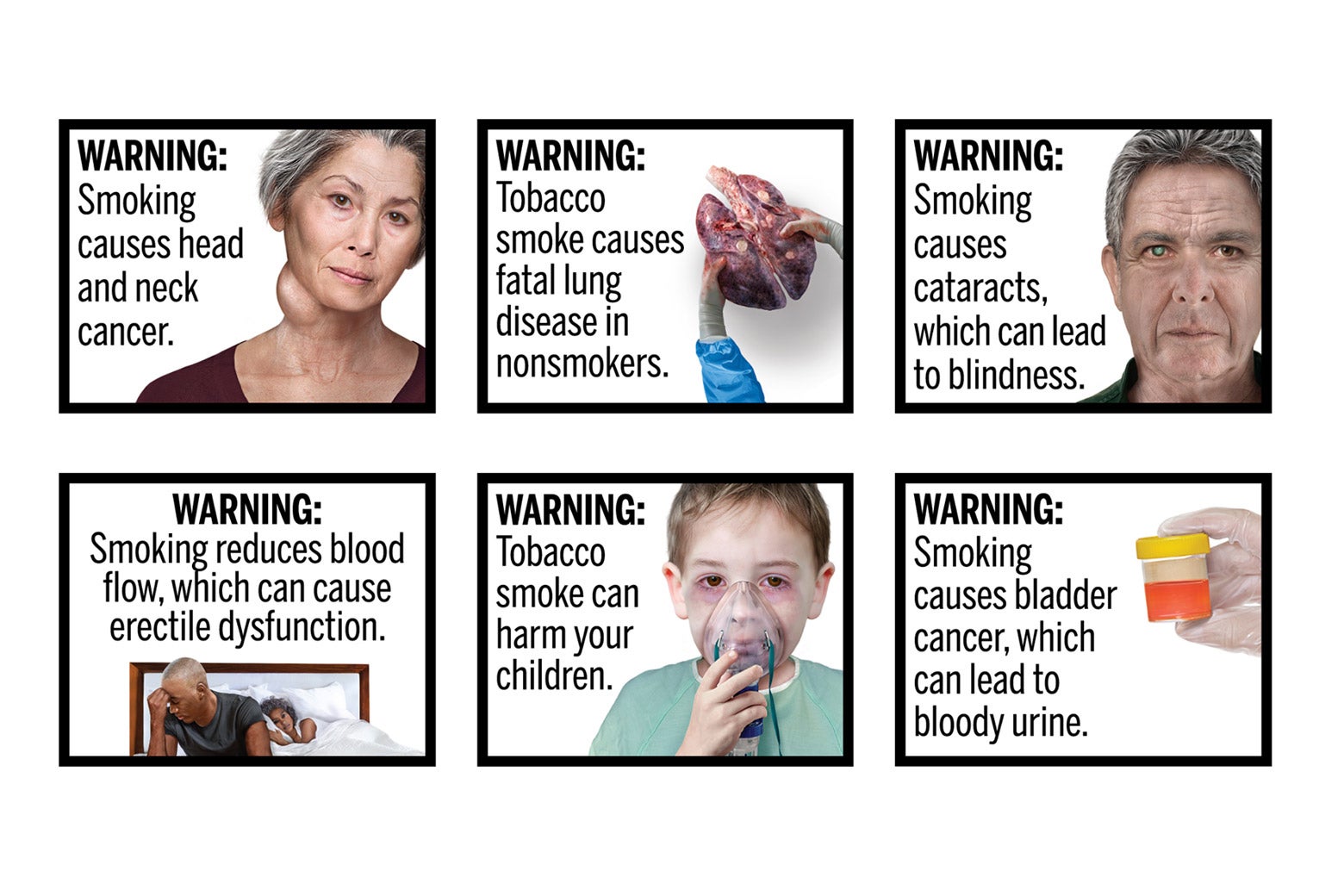 A series of six of 11 proposed uncommonly known smoking warnings in the Tobacco Control Act, including "Smoking reduces blood flow, which can cause erectile dysfunction."