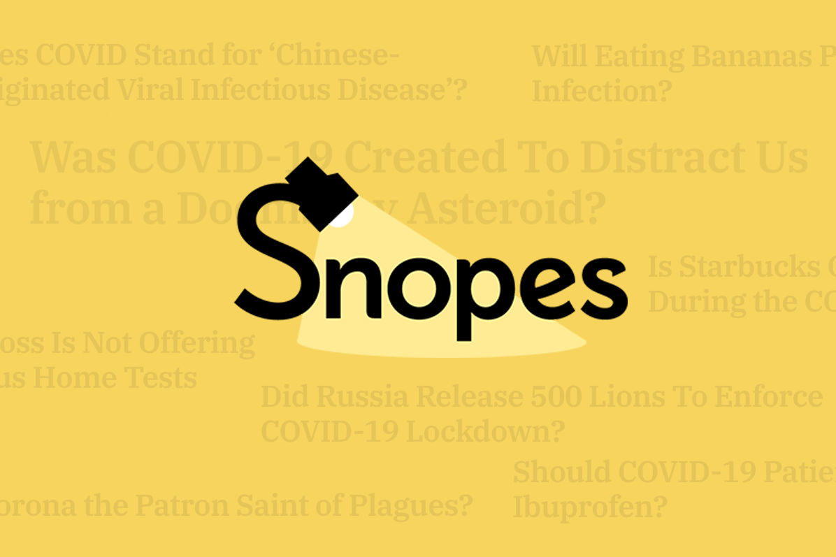 Snopes.com logo surrounded by questions about COVID-19