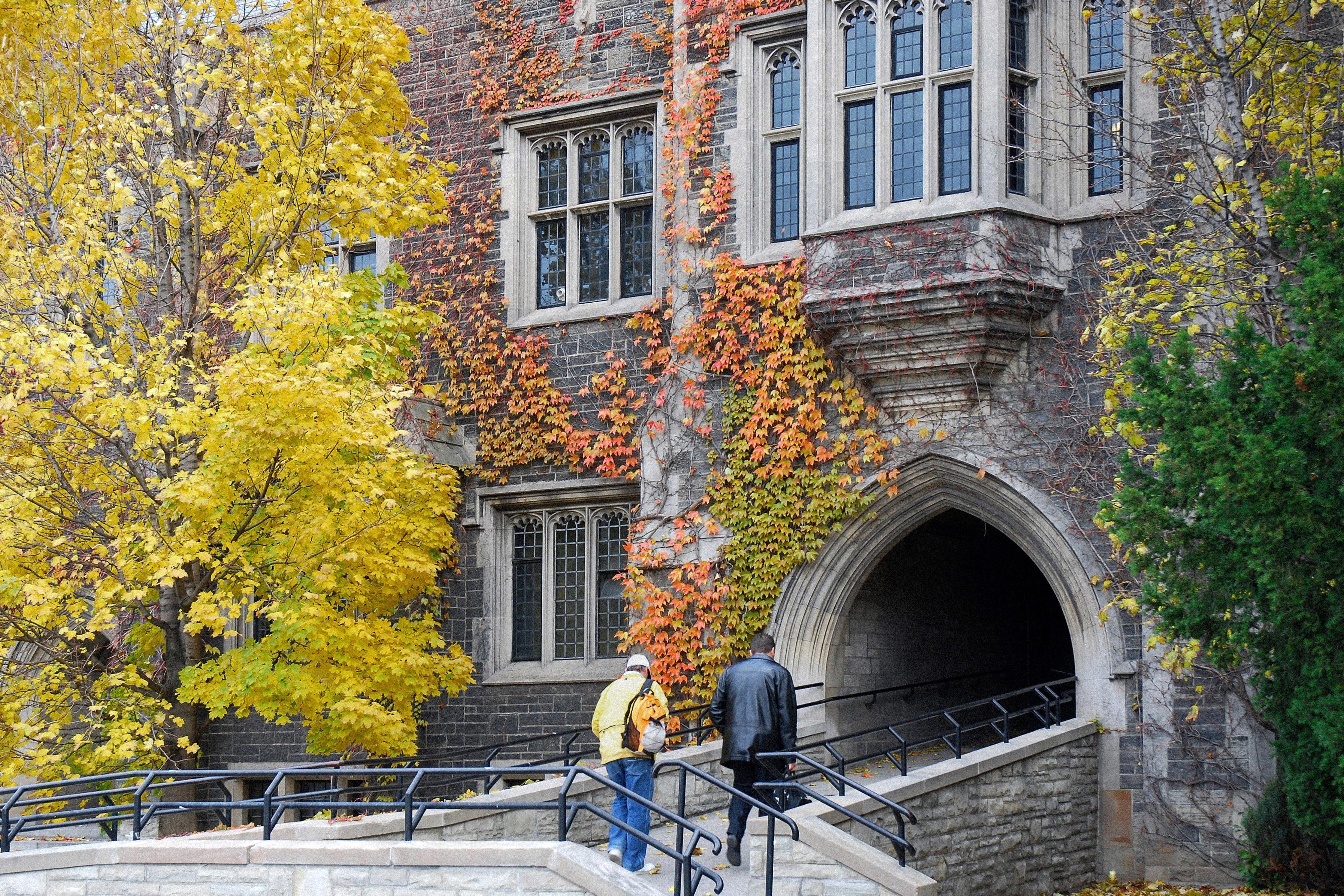 An ivy-covered Ivy League building with Gothic-style architecture.