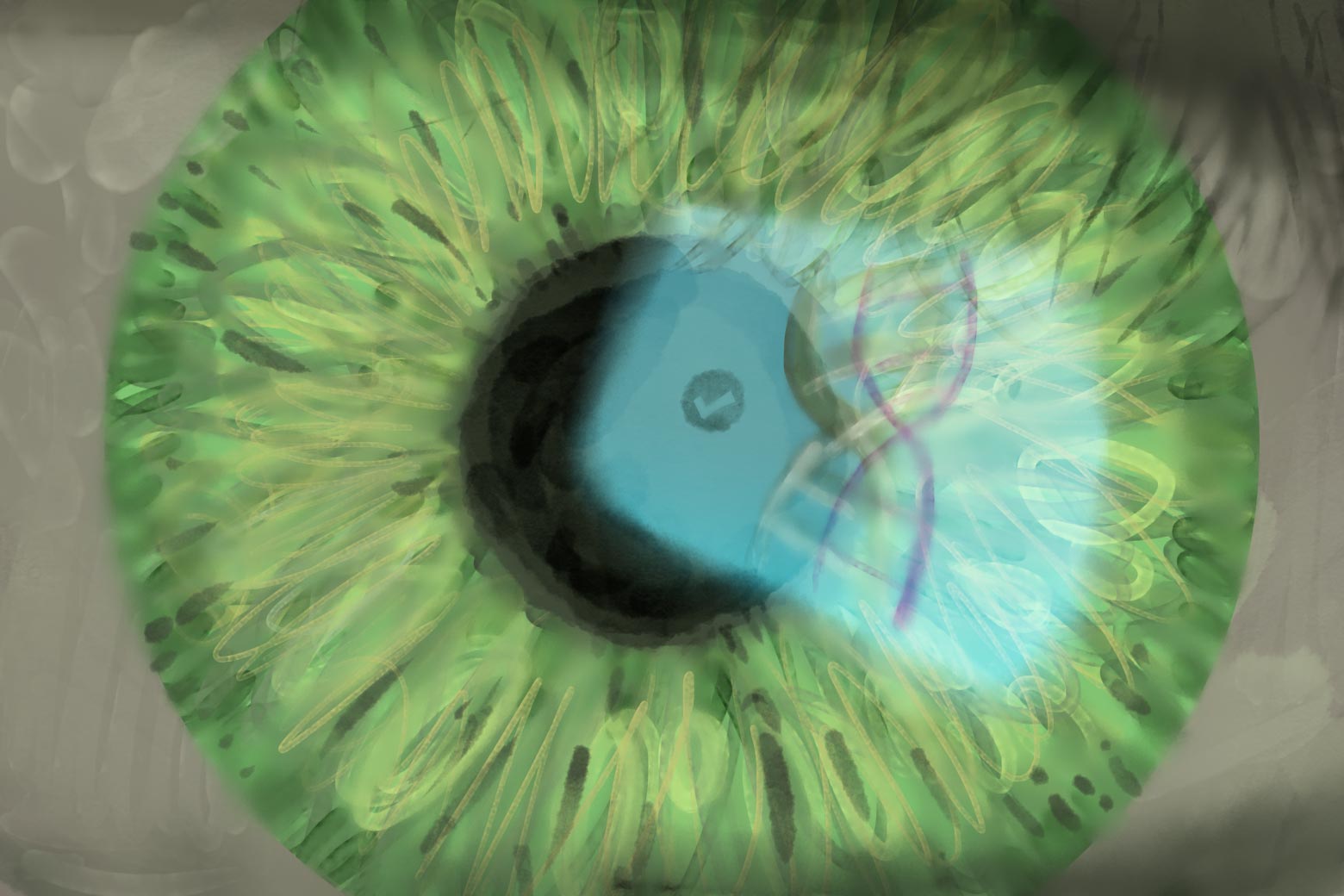 A green pupil, in which a computer screen with a DNA strand on it is reflected.