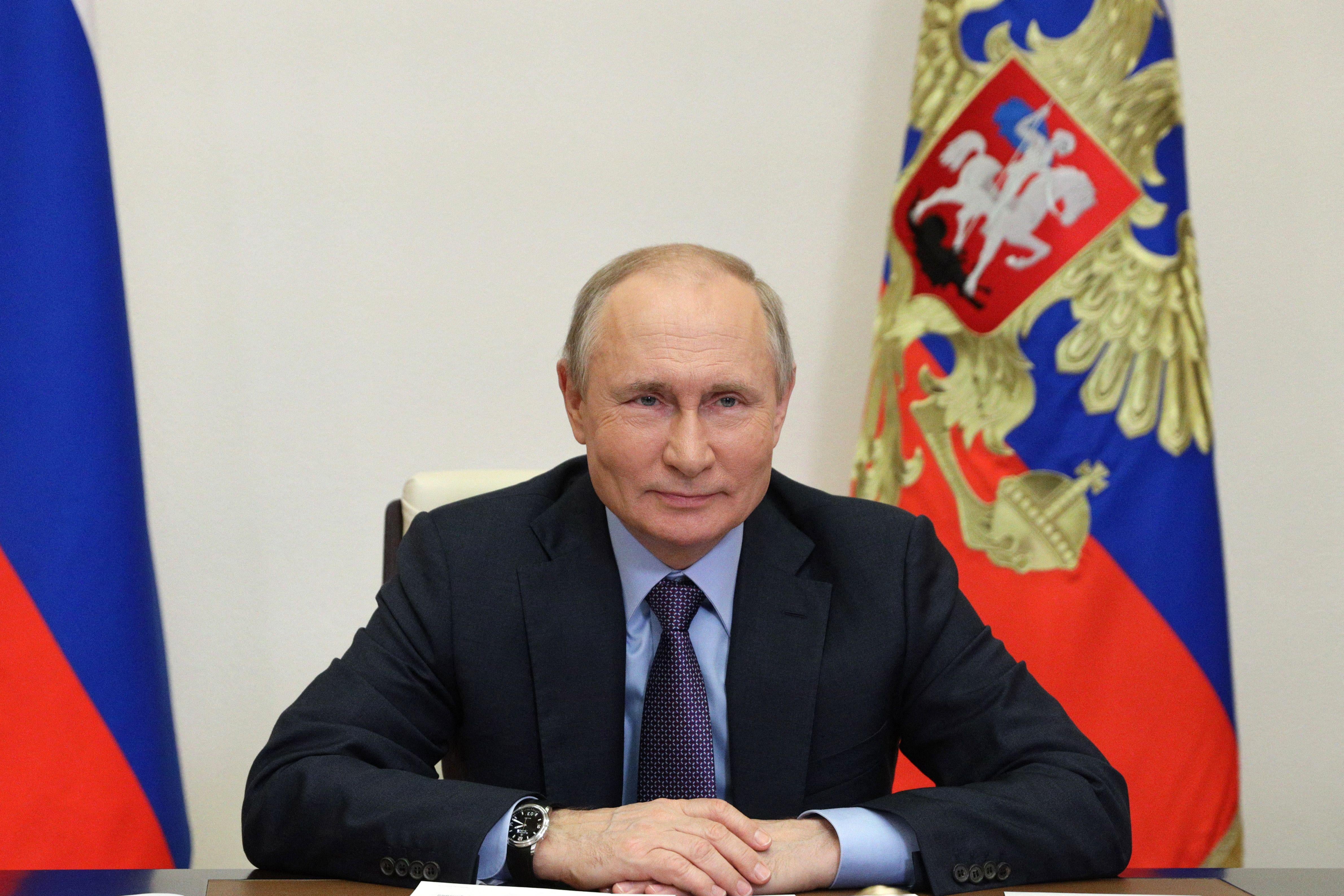 Russian President Vladimir Putin attends the launching ceremony of the Gazprom’s Amur Gas Processing Plant, via a video conference, at the Novo-Ogaryovo state residence, outside Moscow, on June 9, 2021.