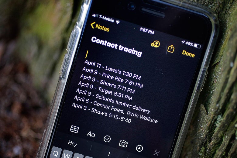 iPhone screen displays the Notes app with header "Contact tracing" and a list of places the user went in the past week