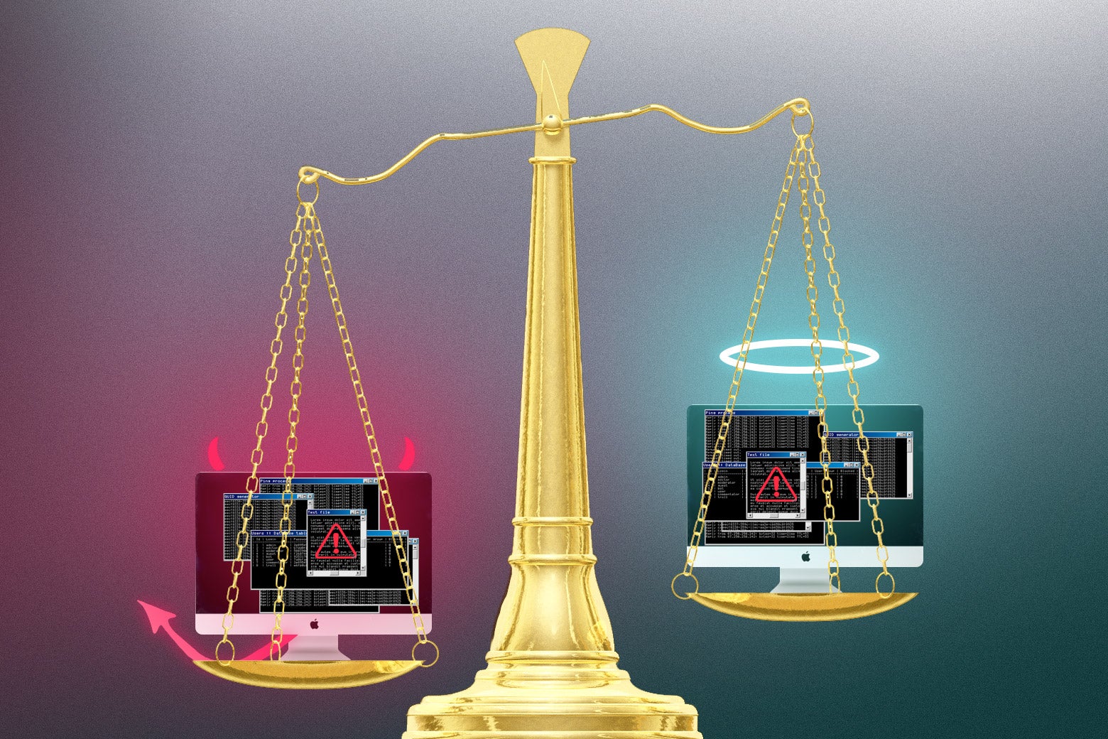 Two computer screens sit on a scale; the heavier computer screen wears devil's horns and a tail, while the lighter screen wears a halo.