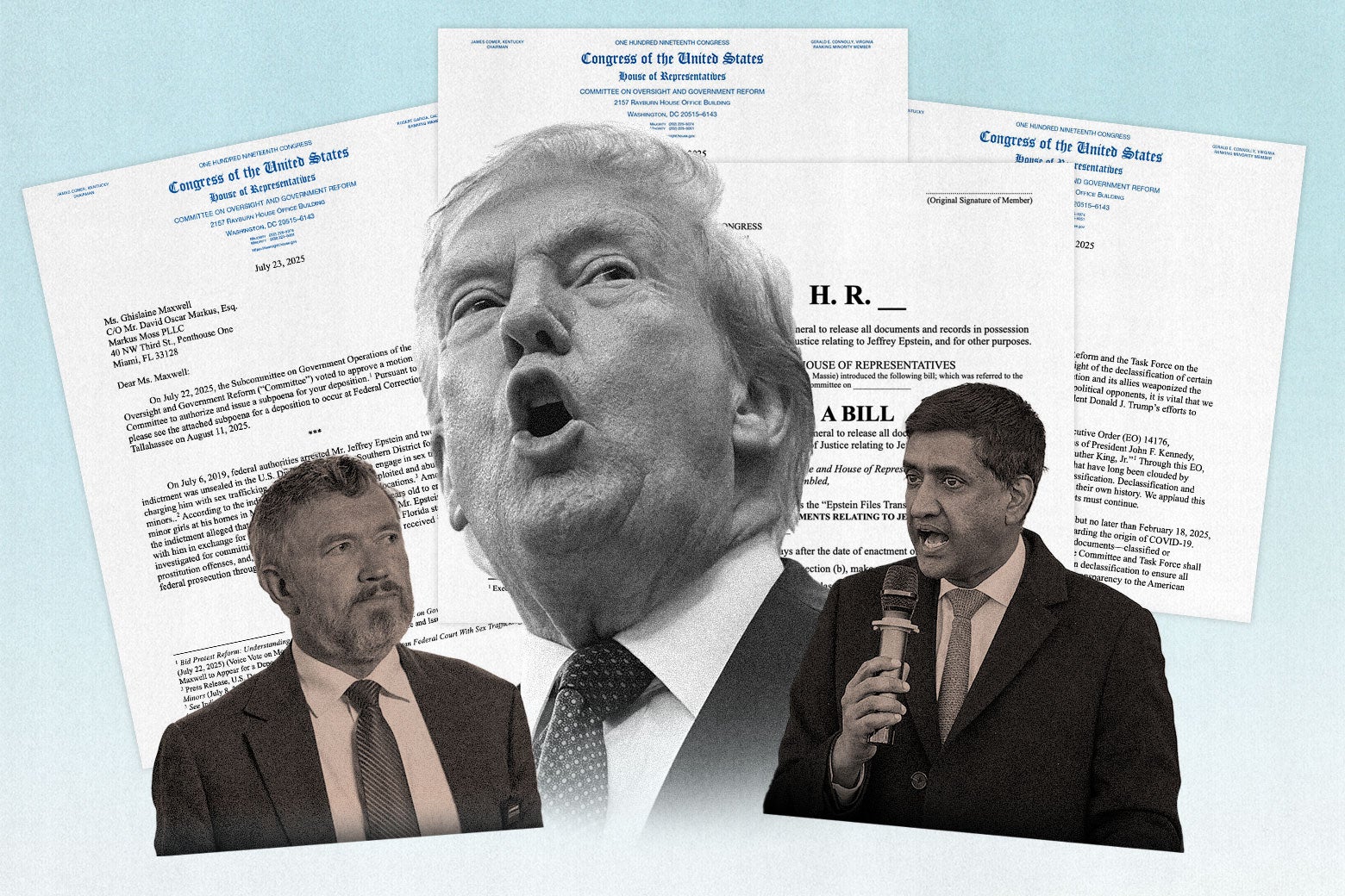 A photo illustration featuring Trump flanked by Reps. Thomas Massie and Ro Khanna