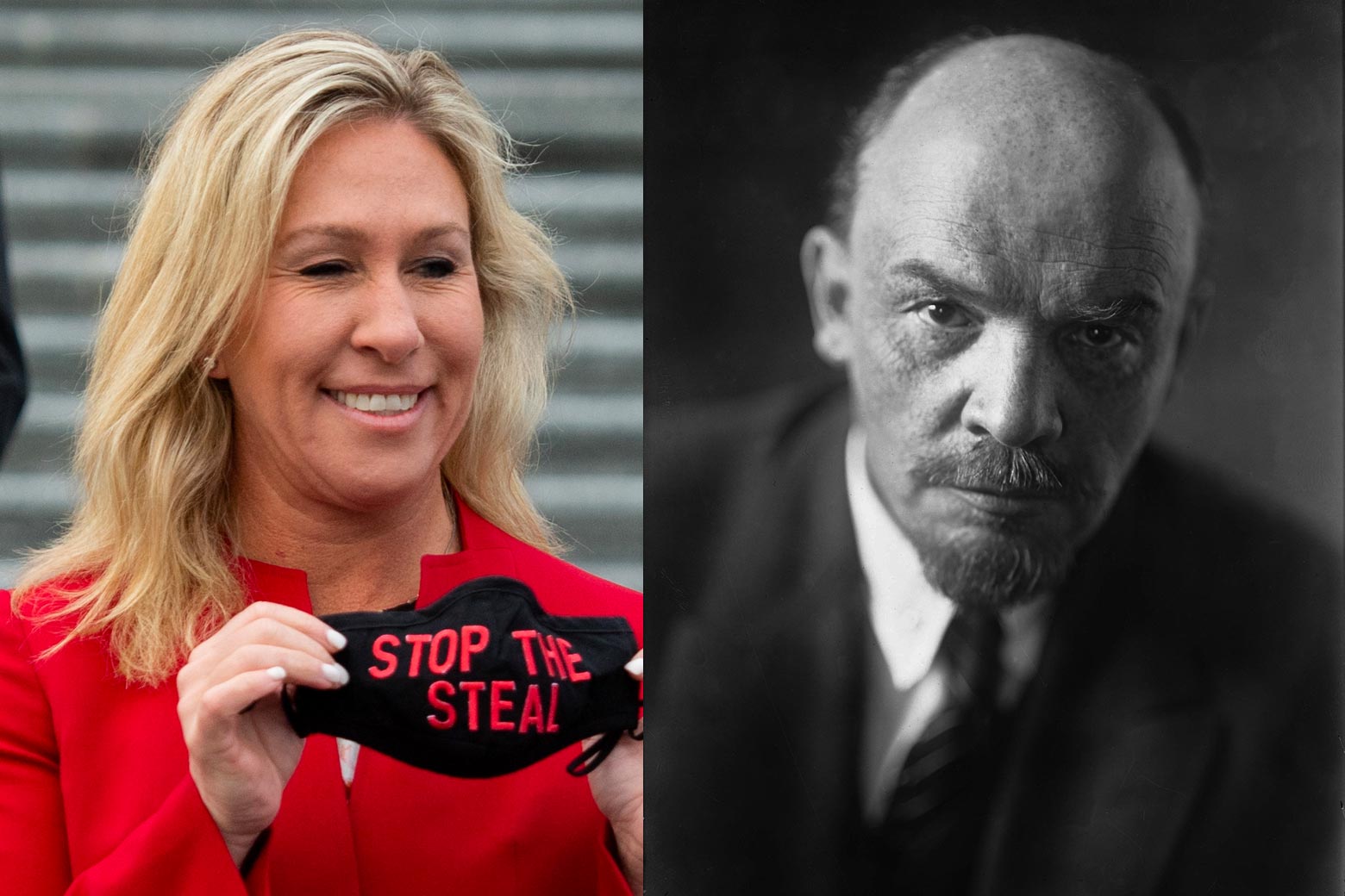 Side-by-side photos of Marjorie Taylor Greene holding up a "Stop the Steal" mask and Vladimir Lenin.