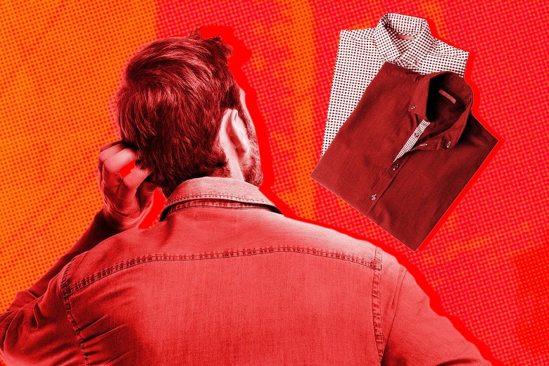 Photo illustration of a man looking at clothing options and scratching his head in confusion.