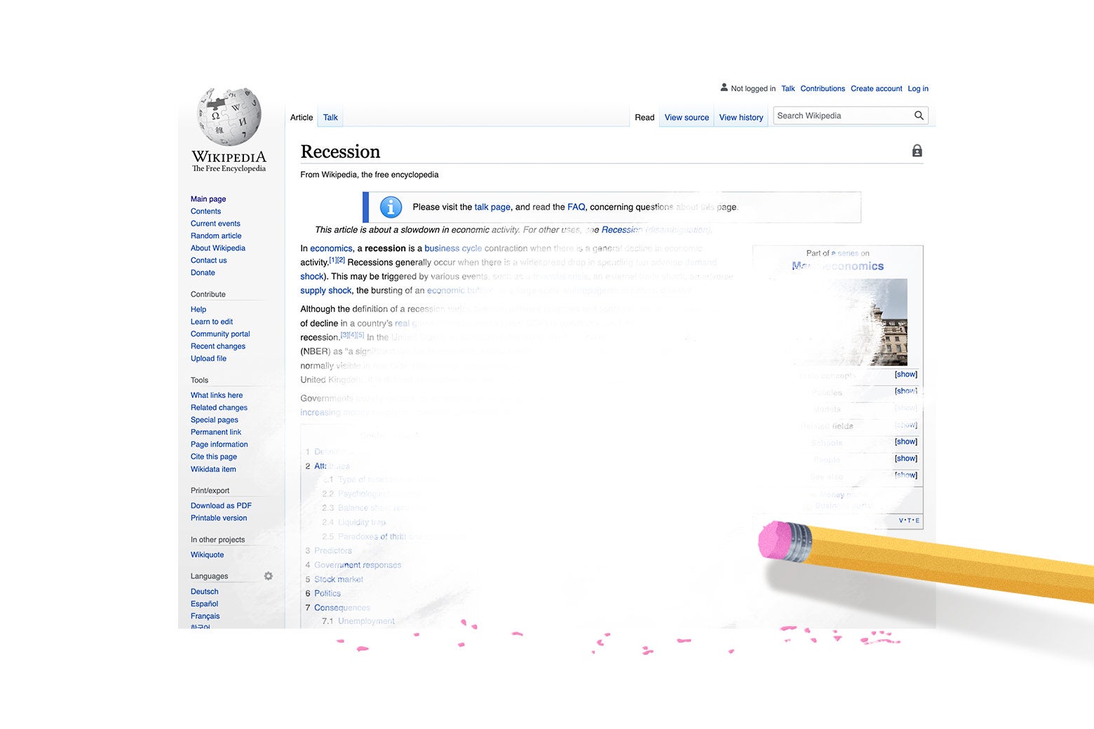 A pencil erases the Wikipedia Recession article