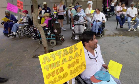 Disabled demonstrators rally in 2000 to protest the state of California''s challenge to the Americans with Disabilities Act.