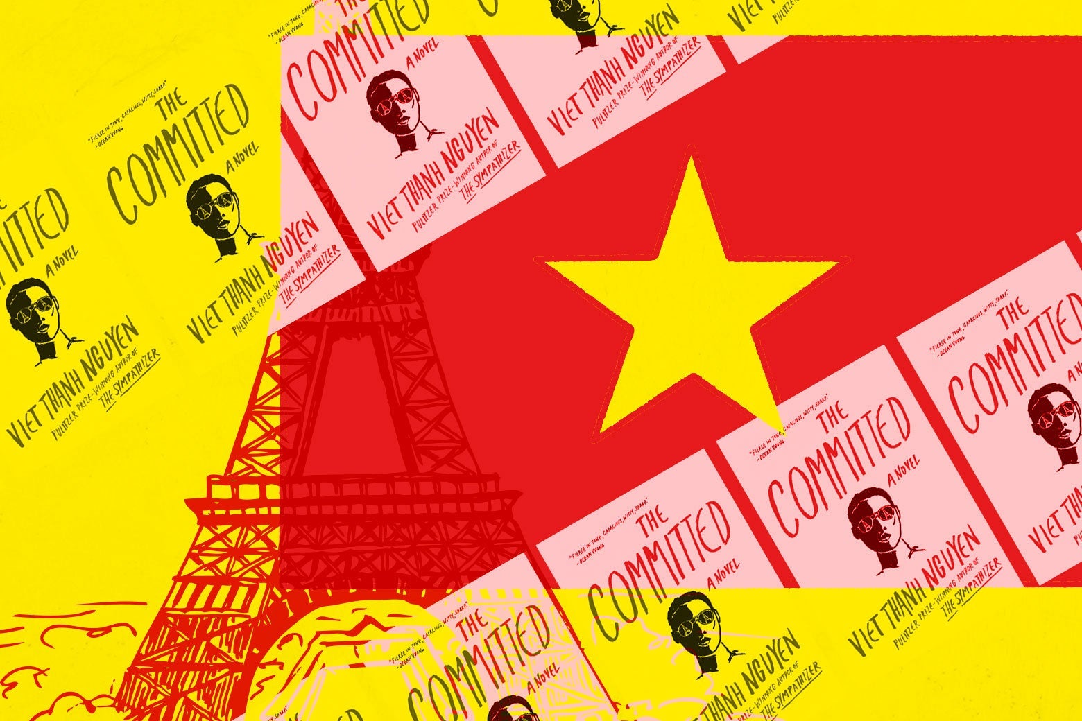The Vietnam flag and covers of the book The Committed over an illustration of the Eiffel Tower.