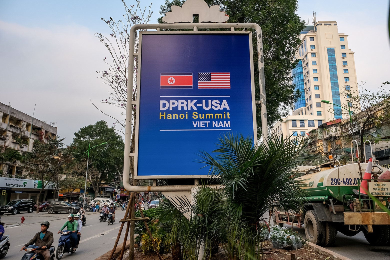 A public signboard welcomes the upcoming summit between U.S. President Donald Trump and North Korean Leader Kim Jong Un.