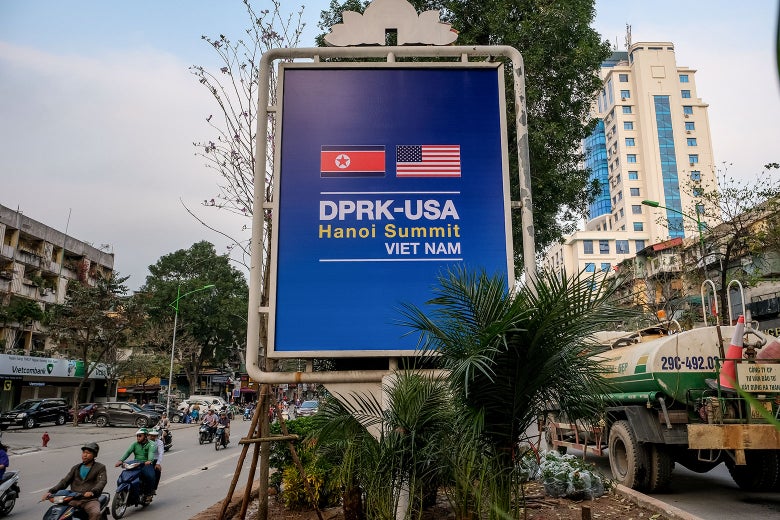 A public signboard welcomes the upcoming summit between U.S. President Donald Trump and North Korean Leader Kim Jong Un.
