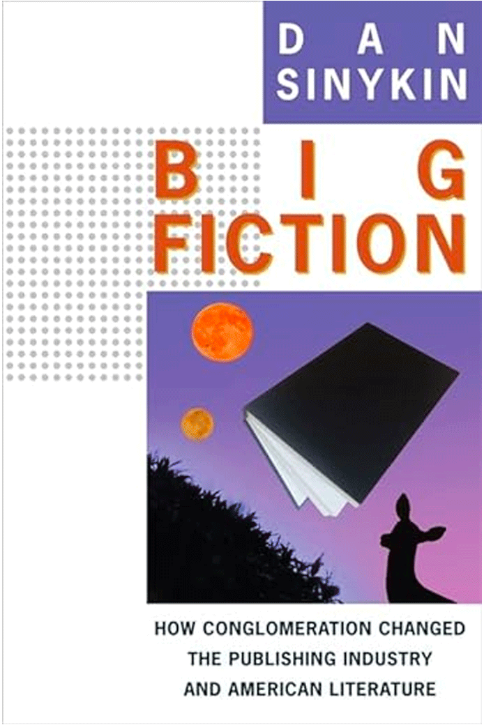 The cover of the book Big Fiction has a book flying through space on it. 