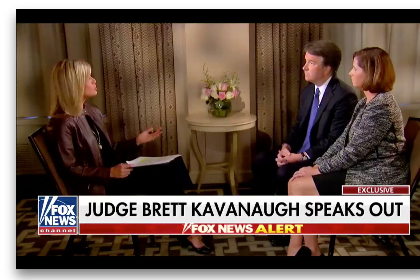 Brett Kavanaugh and his wife Ashley Estes Kavanaugh sit across from Fox News' Martha MacCallum.