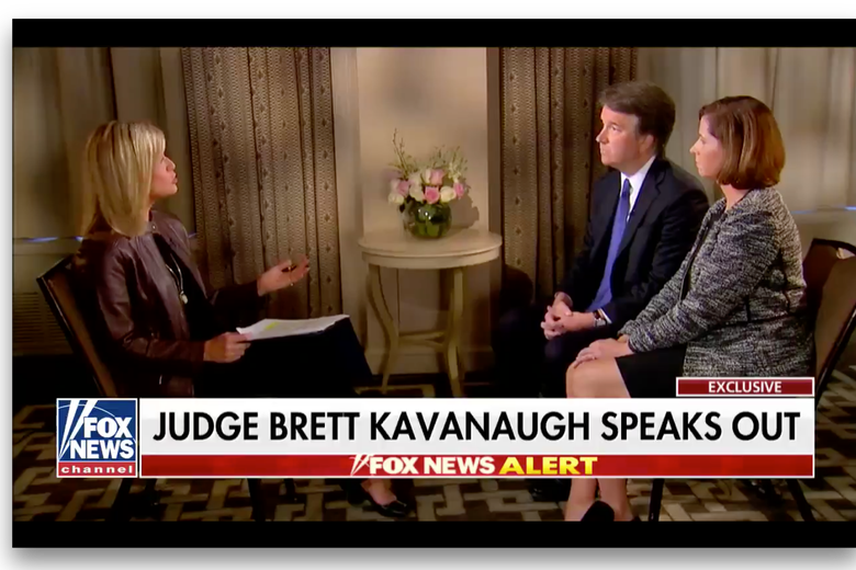 Brett Kavanaugh and his wife Ashley Estes Kavanaugh sit across from Fox News' Martha MacCallum.
