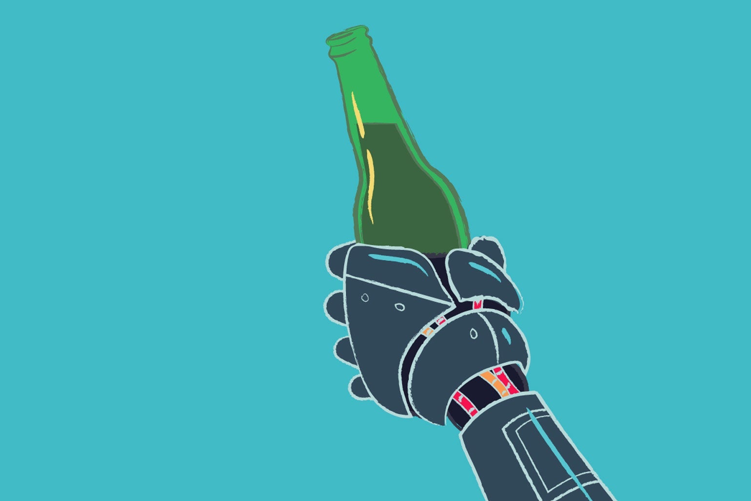 A robot hand holding a bottled beer