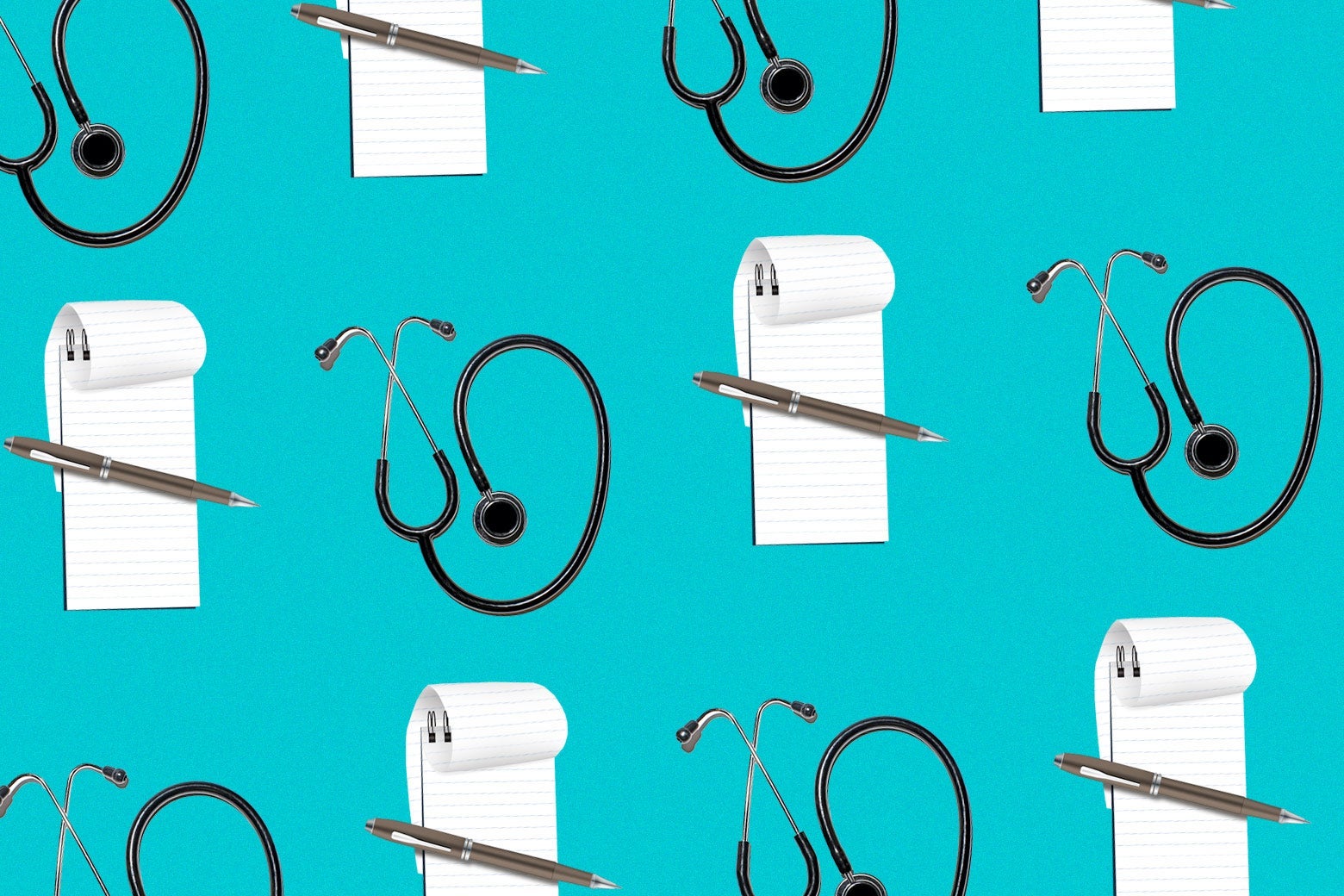 A collage of notebooks and stethoscopes.