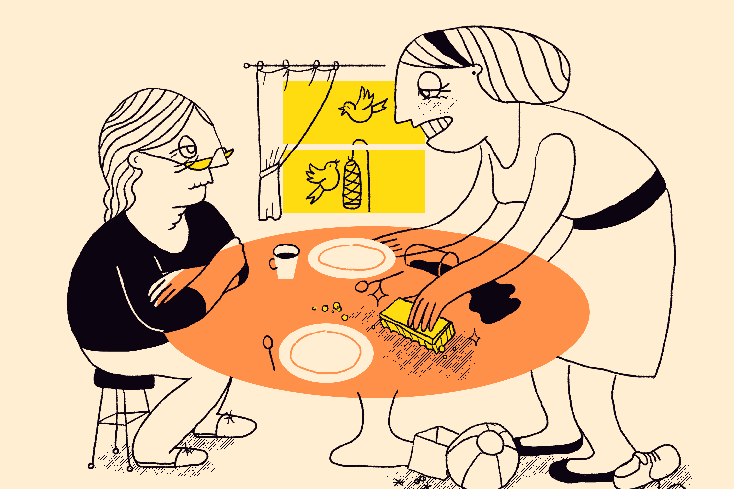 Illustration of a woman clearing off a kitchen table as her mom looks on sternly, sitting with her arms crossed. There are toys and shoes under the table and birds outside the window.