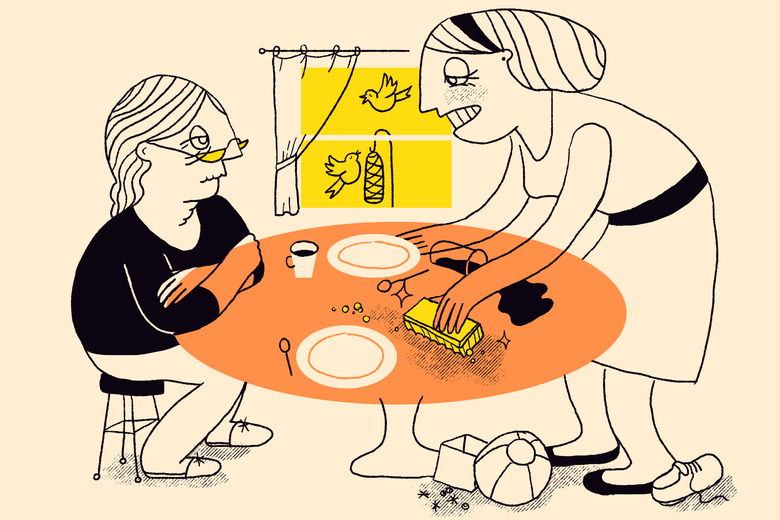 Illustration of a woman clearing off a kitchen table as her mom looks on sternly, sitting with her arms crossed. There are toys and shoes under the table and birds outside the window.