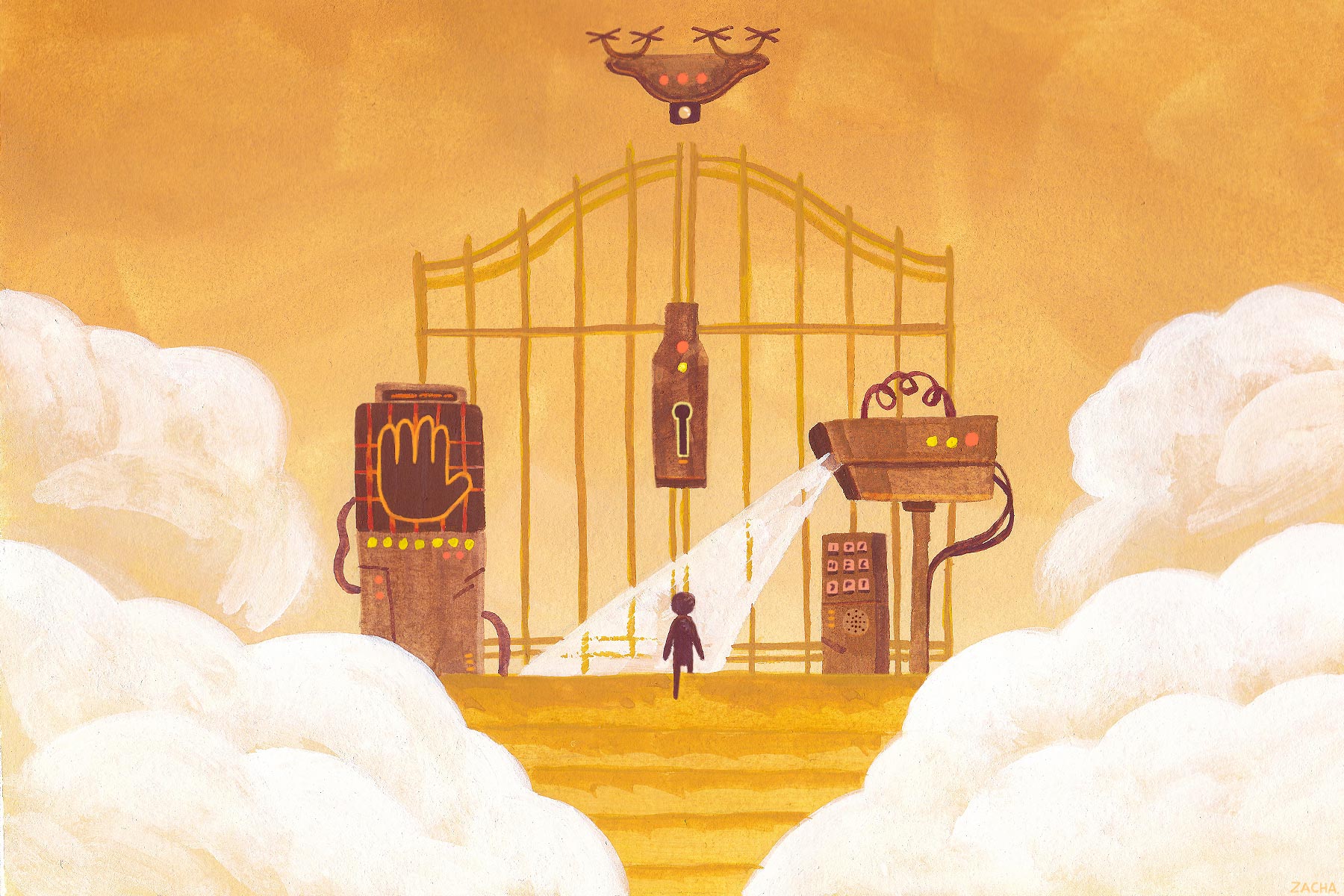 A person stands at the golden gates of heaven, with a drone hovering overhead.