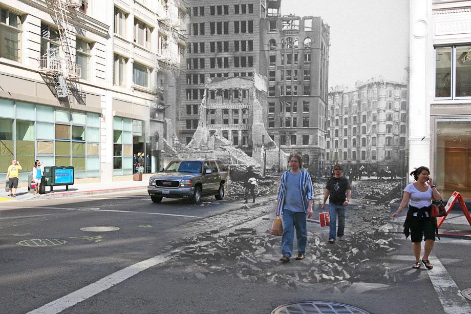 People walk through rubble on Geary Street.