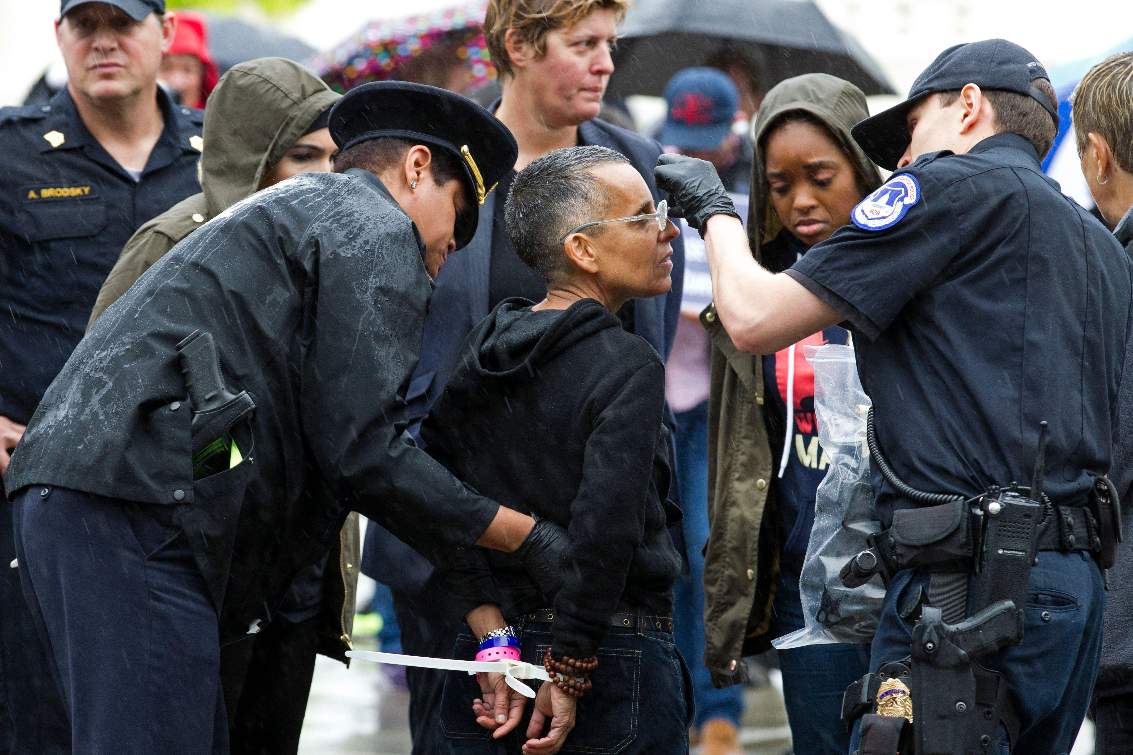 U.S. Capitol police officers pad demonstrators after being arrested.