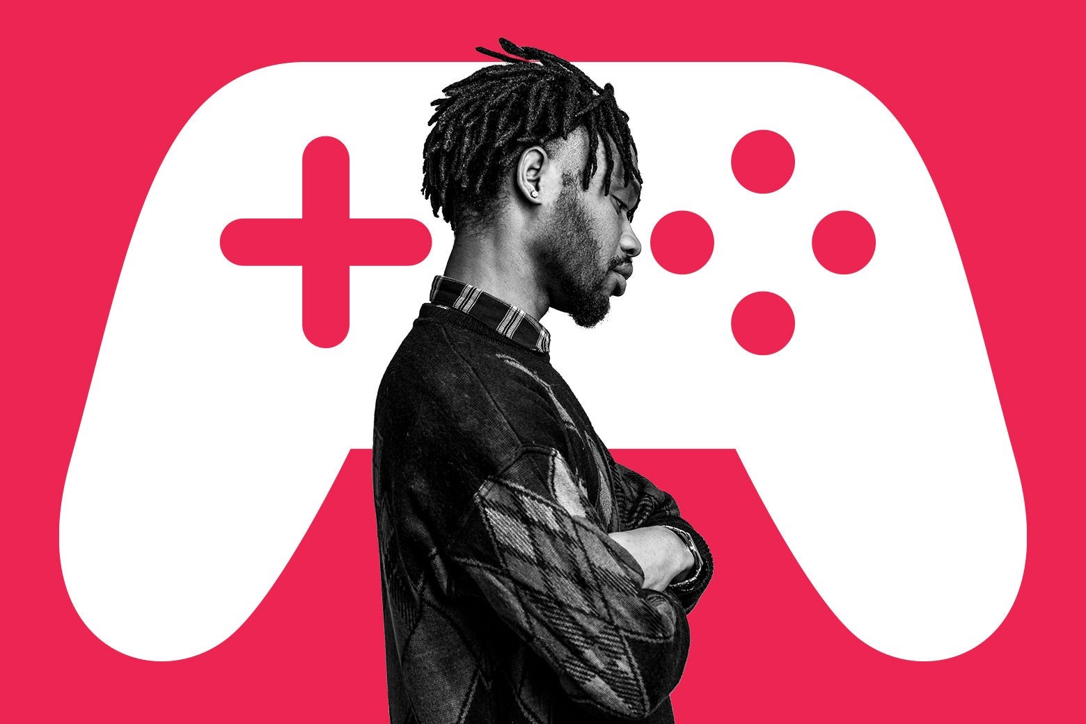 A man looking down with crossed arms over a background graphic of a video game controller