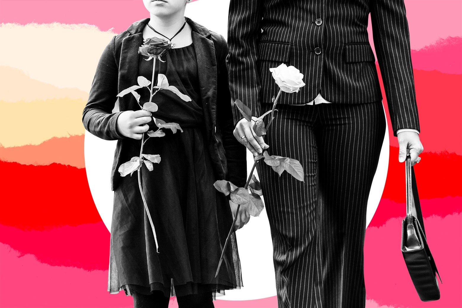 Photo illustration of two people dressed in mourning wear and holding flowers.