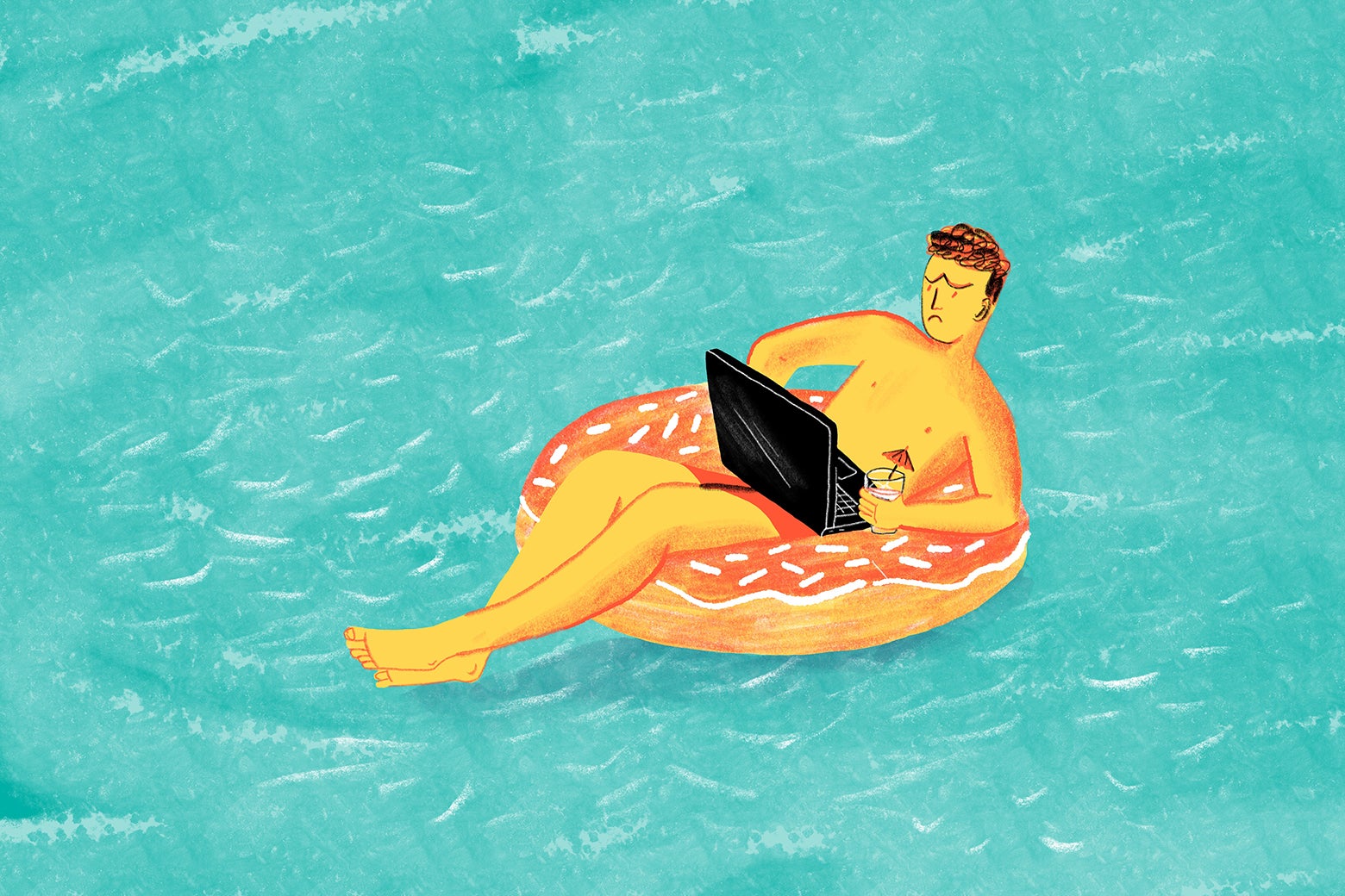 An illustration of a disgruntled office worker on workcation, sitting on a floatie in pool and balancing a laptop on their lap.