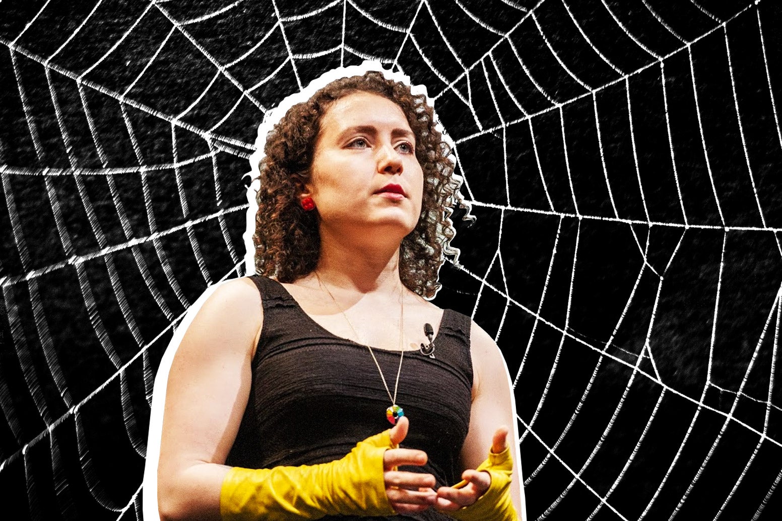 Collage of Maria Popova in a spiderweb.