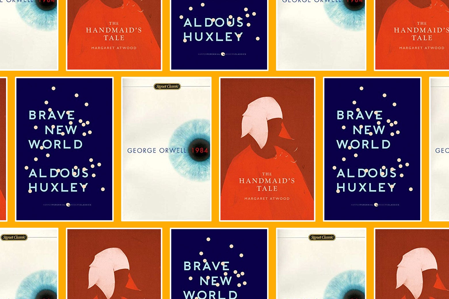 Collage of dystopian novels: 1984, The Handmaid’s Tale, and Brave New World.