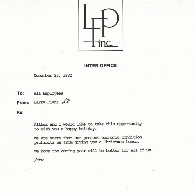 An inter-office memo from Larry Flynt productions in the 1980s. 
