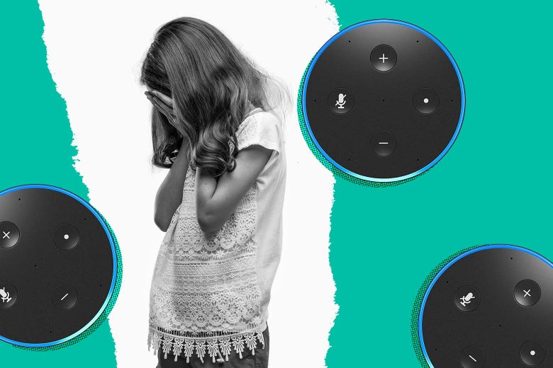 A woman looks distressed. Amazon Echos surround her.