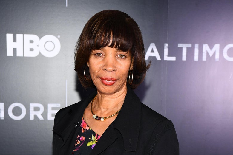 Catherine Pugh poses in front of an HBO background