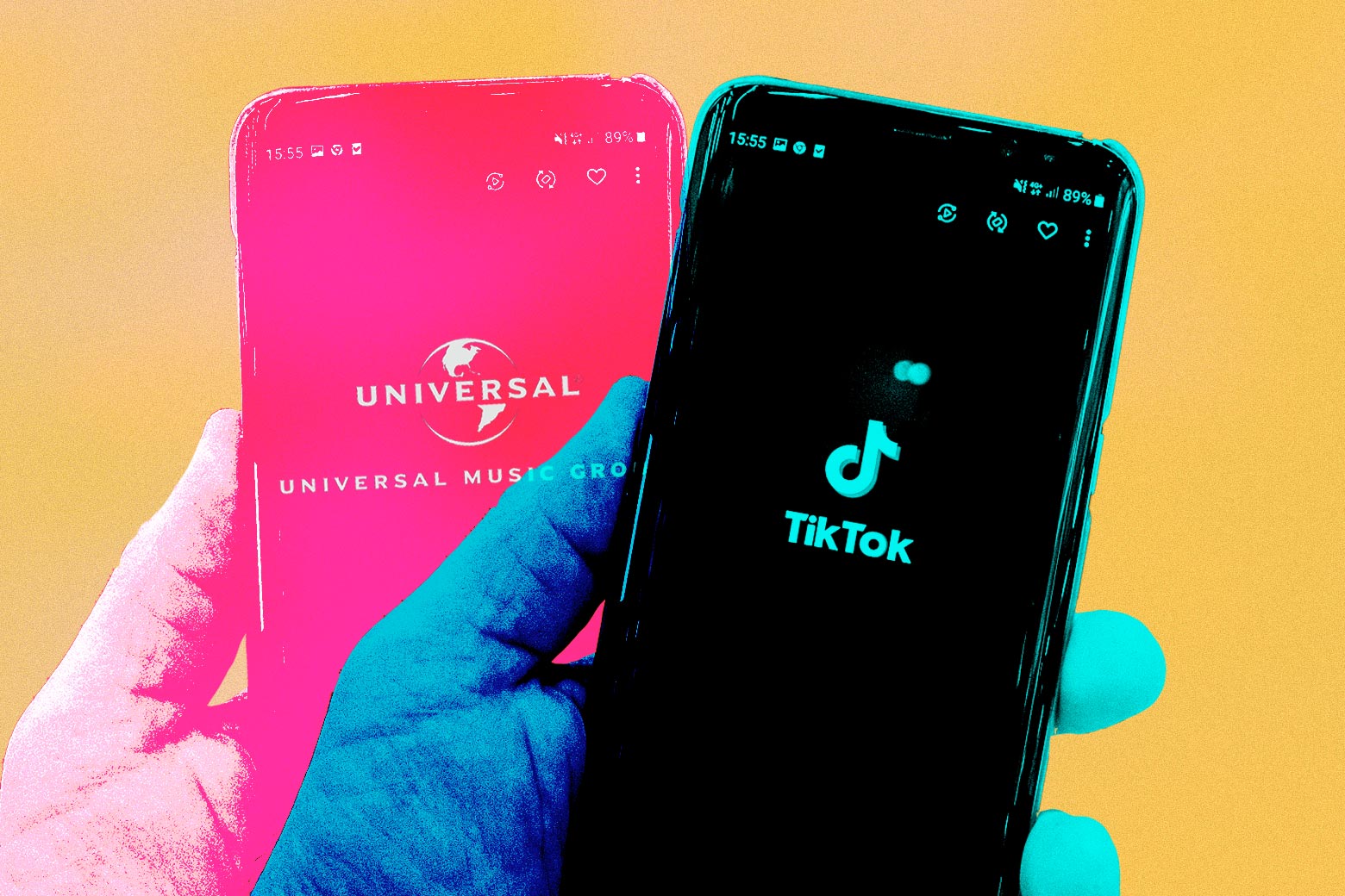 Two phones held near each other display the logos of TikTok and Universal Music Group, respectively.