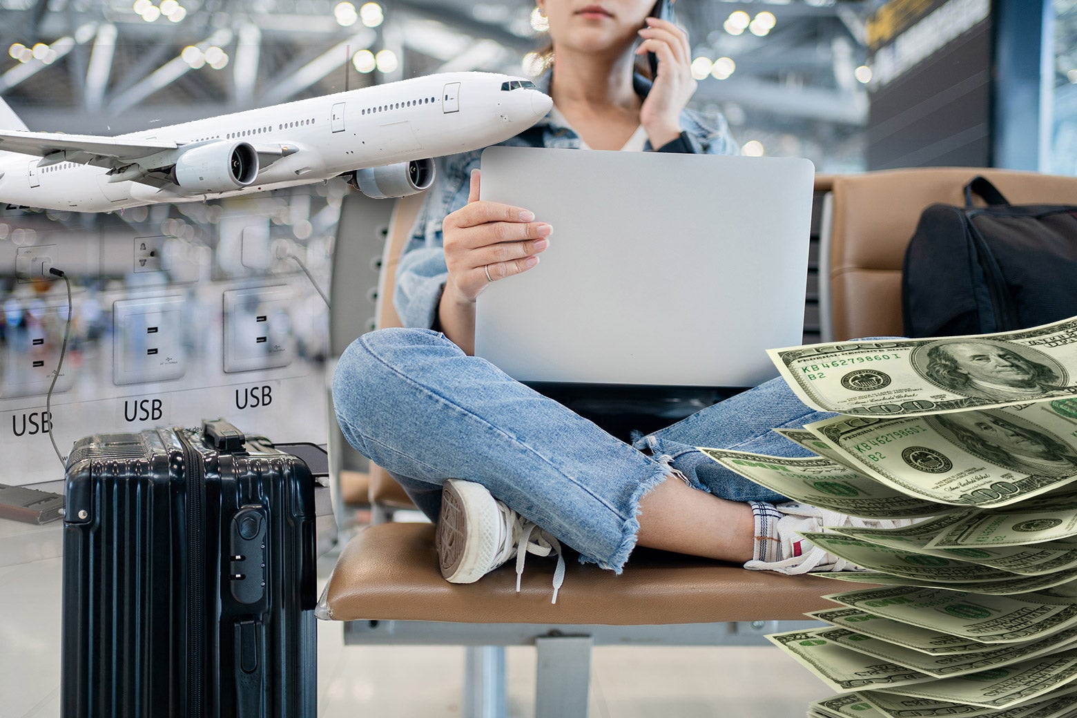 A woman sitting on an airport bench next to a stack of cash.