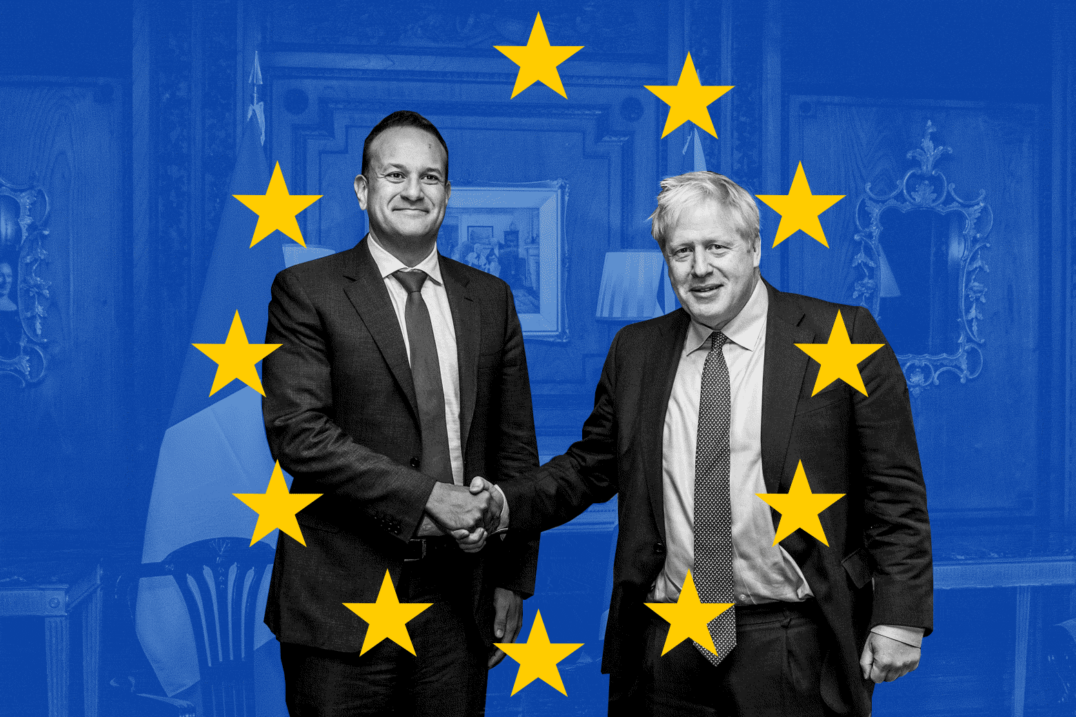Ireland's Taoiseach, prime minister, Leo Varadkar (L) and Britain's Prime Minister Boris Johnson (R) pose for a photograph inside Thornton Manor Hotel, near Birkenhead, north-west England on October 10, 2019
