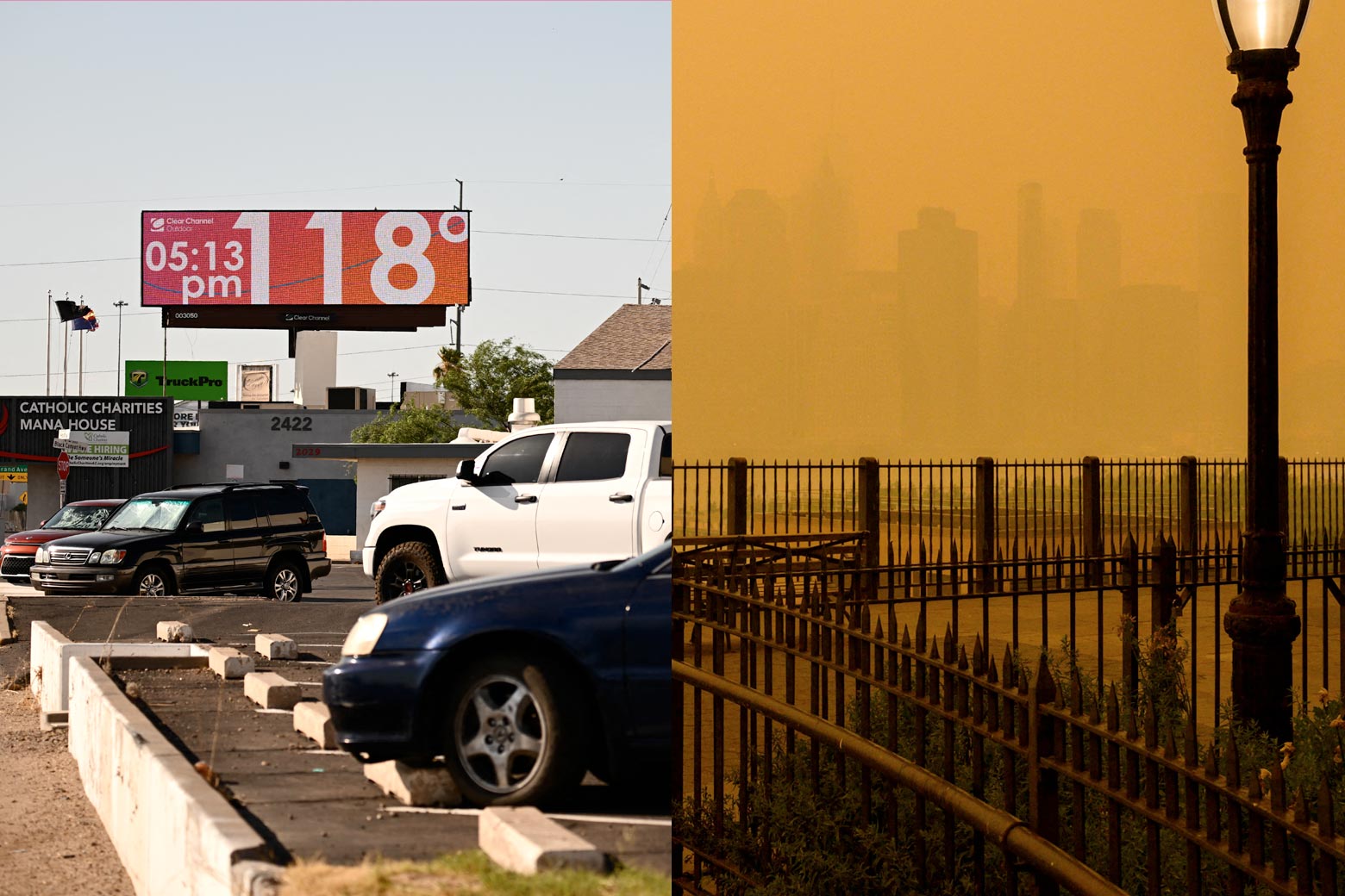 A collage of images from severe weather events includes an outdoor thermometer reading 118 degrees in Phoenix and thick wildfire smoke obscuring Manhattan.