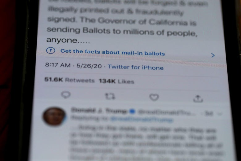 A Twitter alert says "Get the facts about mail-in ballots" below a tweet from President Trump.