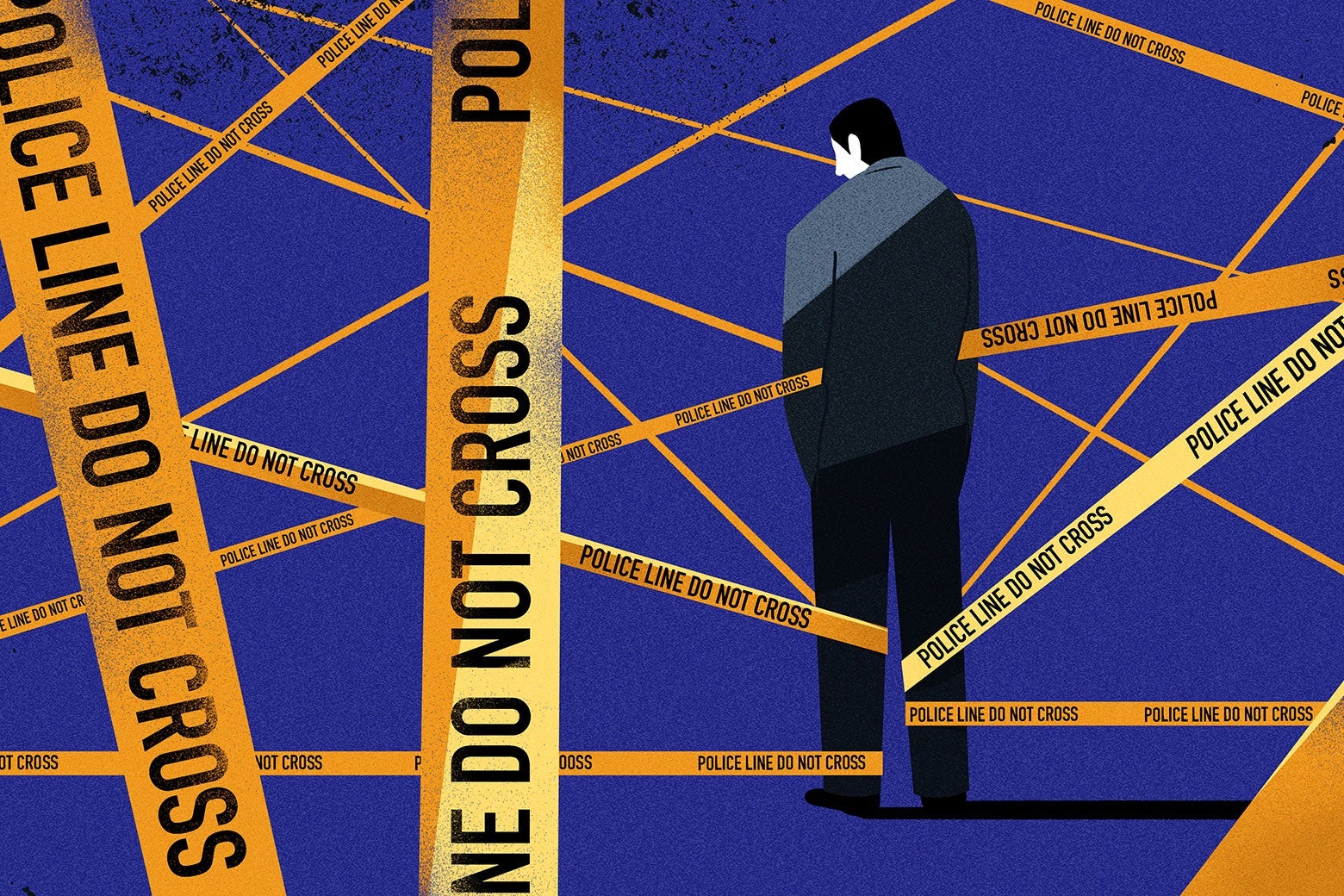 A man standing in a web of police tape.