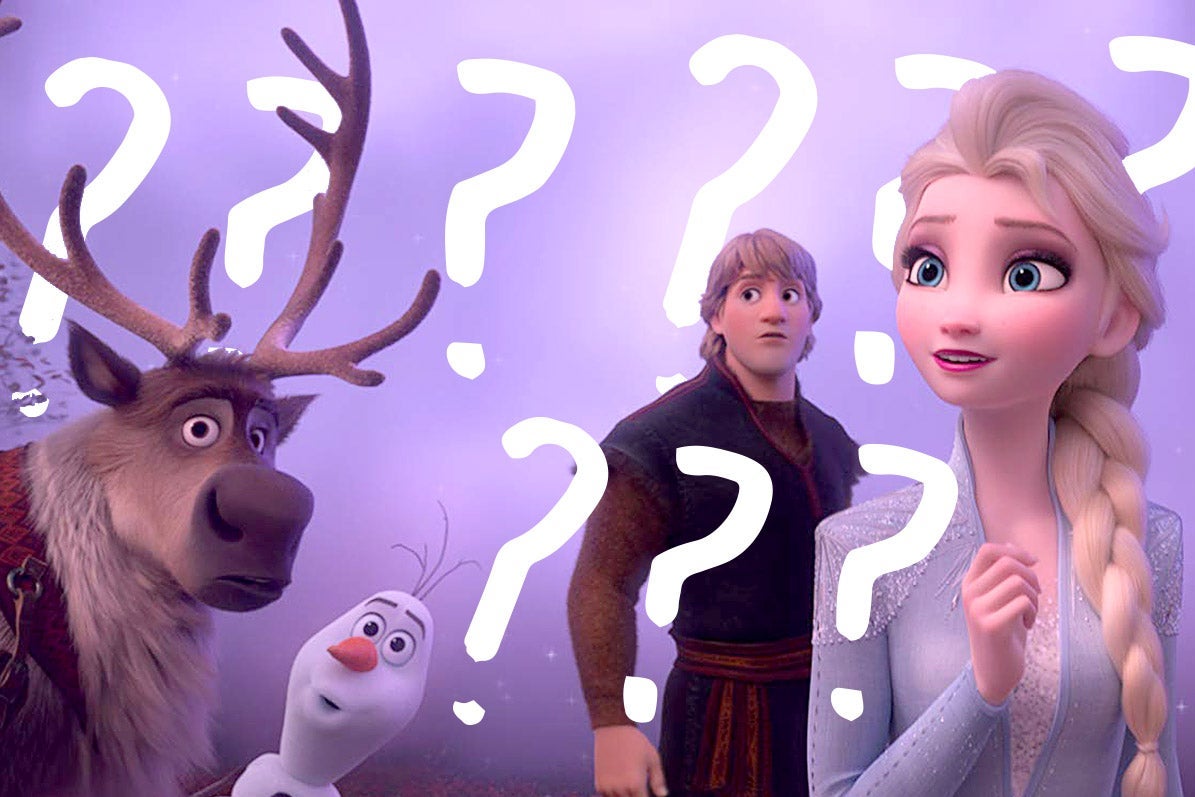 A scene from Frozen 2 surrounded by question marks