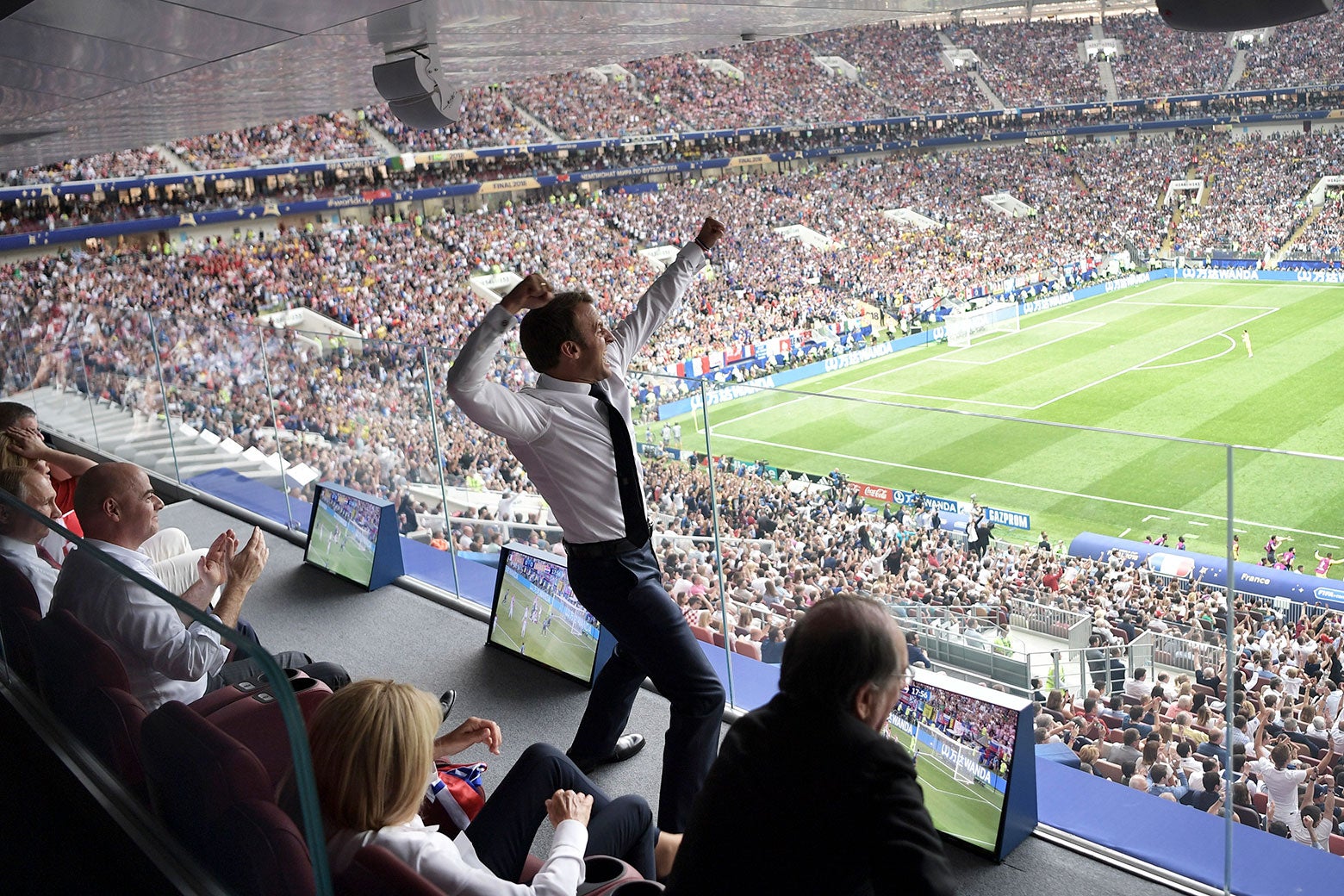 French President Emmanuel Macron reacts during the final match between France and Croatia at the 2018 soccer World Cup in the Luzhniki Stadium in Moscow, Russia on July 15, 2018. 