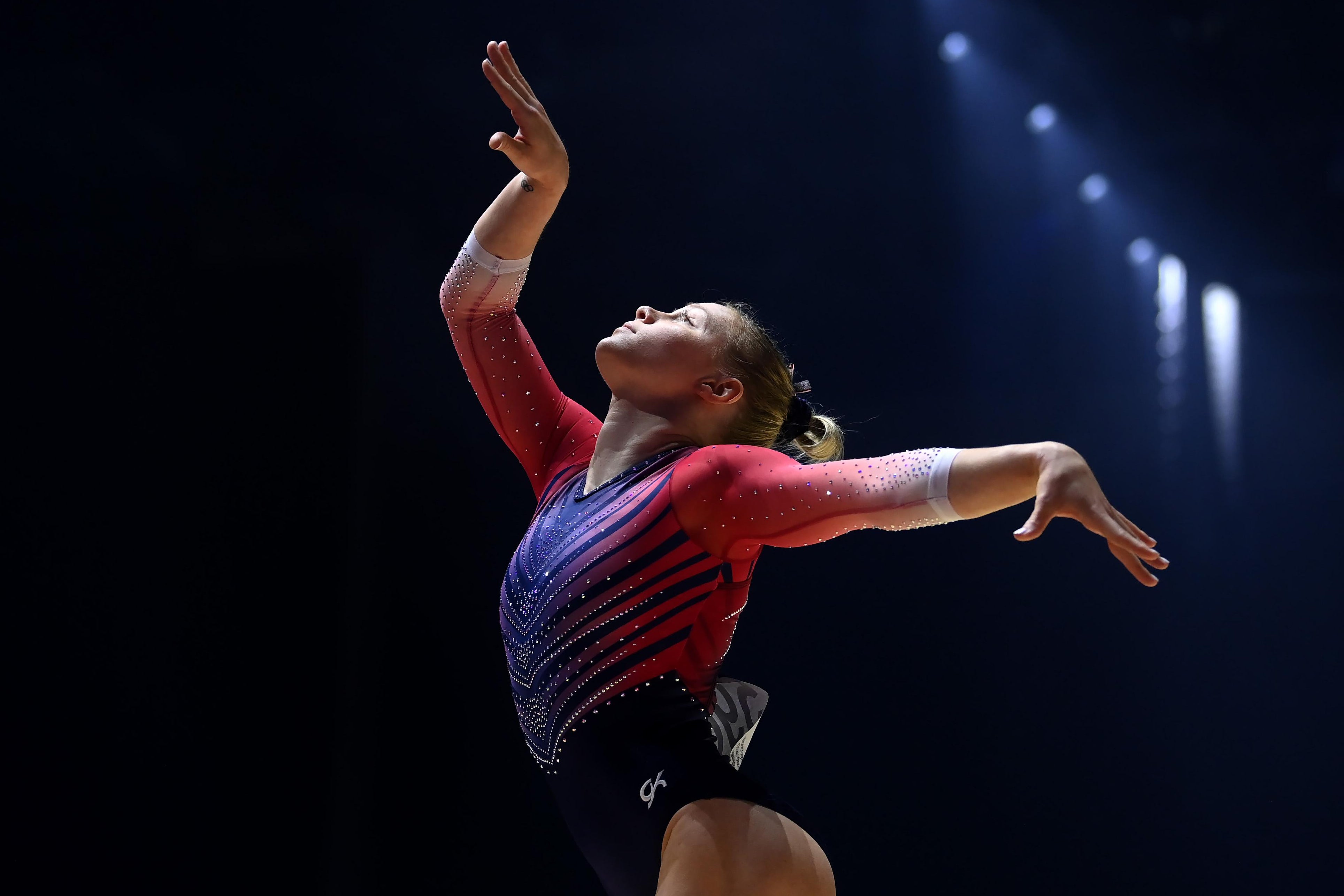LIVERPOOL, ENGLAND - NOVEMBER 06: Jade Carey of Team United States of America competes during the Women's Floor Final on Day Nine of the FIG Artistic Gymnastics World Championships at M&S Bank Arena on November 06, 2022 in Liverpool, England. (Photo by Laurence Griffiths/Getty Images)