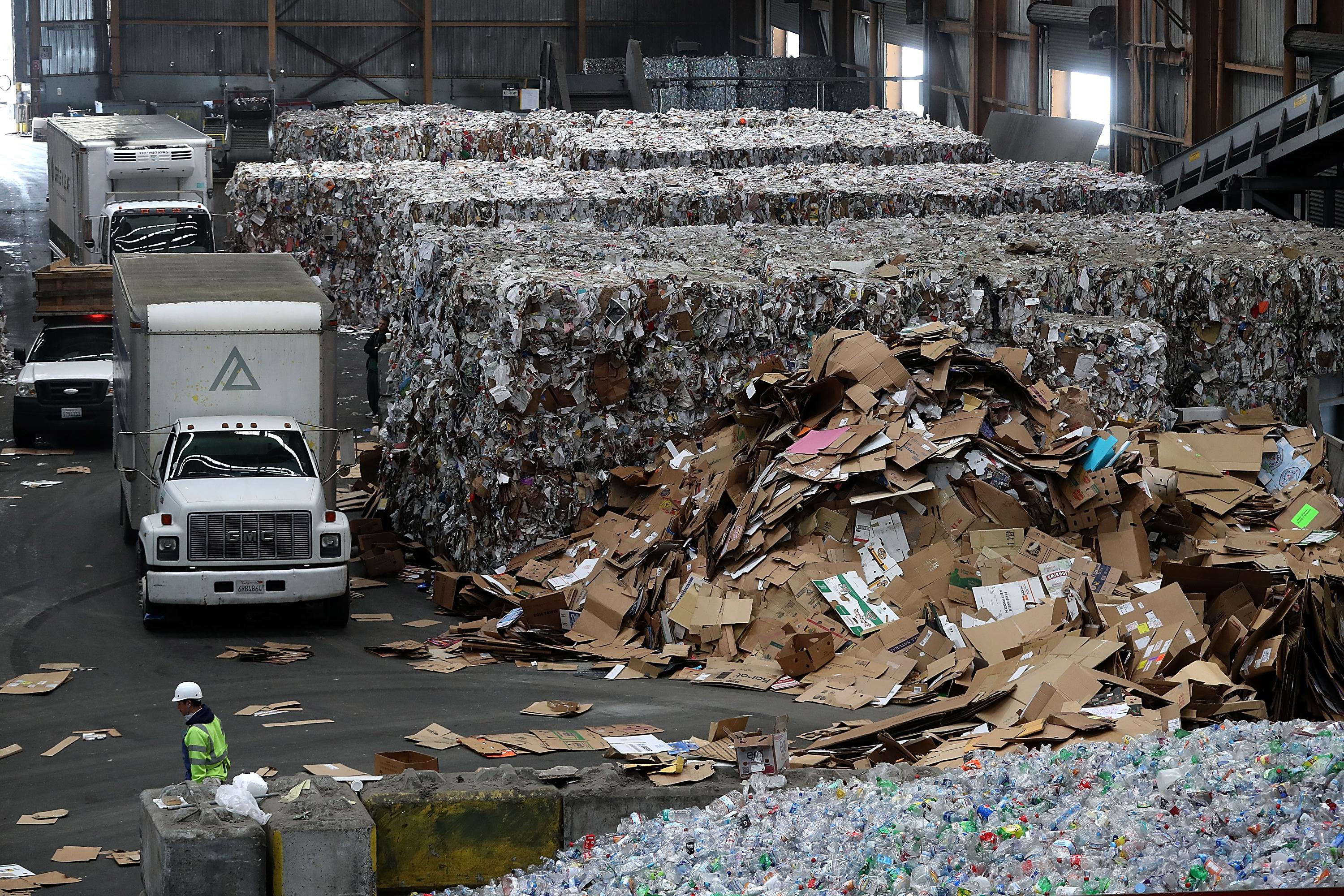Piles and bales of recyclable cardboard inside a giant warehouse