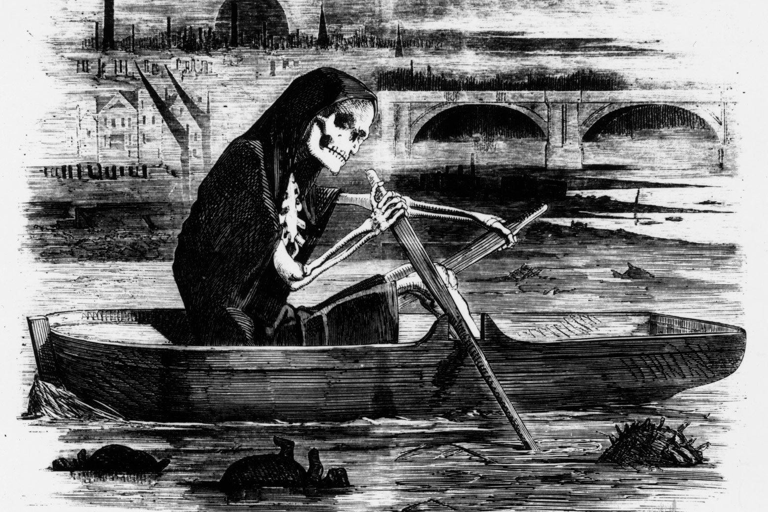A black-and-white sketched cartoon from Punch magazine showing a skeleton rowing along the River Thames with London Bridge in the background
